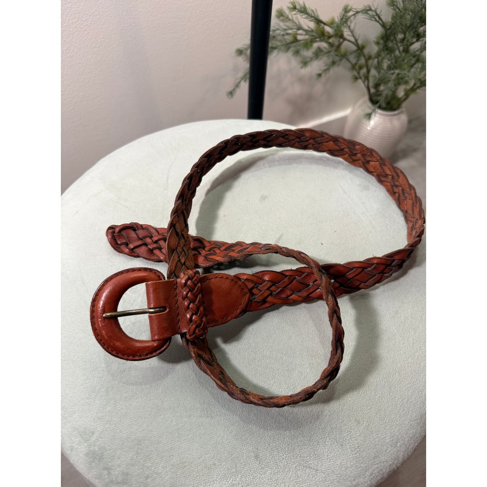 GH Bass Womens Braided Genuine Leather Belt Cognac Brown Woven Buckle Large 9674